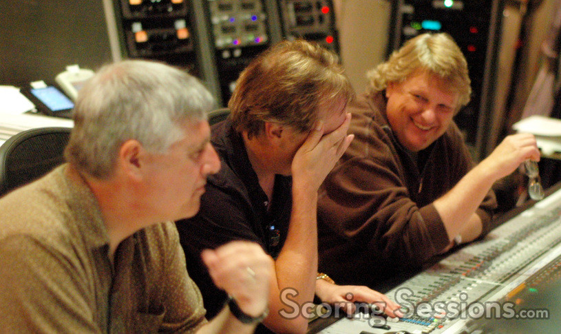 Orchestrator Dave Metzger, composer Mark Mancina and scoring mixer Steve Kempster share a laugh