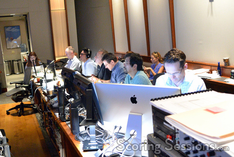 Walt Disney Studios Senior VP of Music Tom MacDougall (obscured), music technical consultantMarlon Espino, music editor Earl Ghaffari, music production director Andrew Page, ProTools recordist Larry Mah, and music editor Dan Pinder