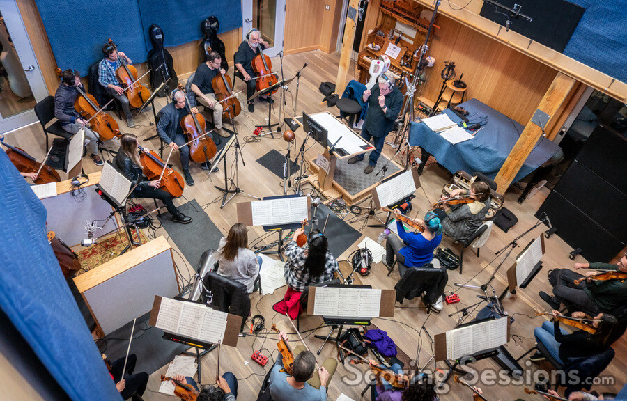 The strings record a cue with conductor / orchestra Pete Anthony