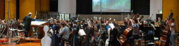 A panorama view of the musicians performing at the Moana scoring sessions